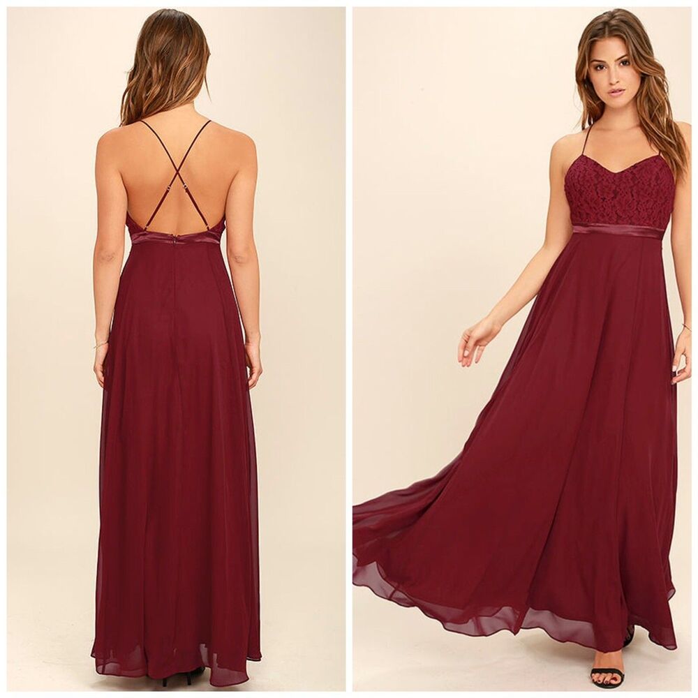 Lulus Stealing Kisses Lace Chiffon Maxi Dress Wine Red XS Formal Wedding Guest